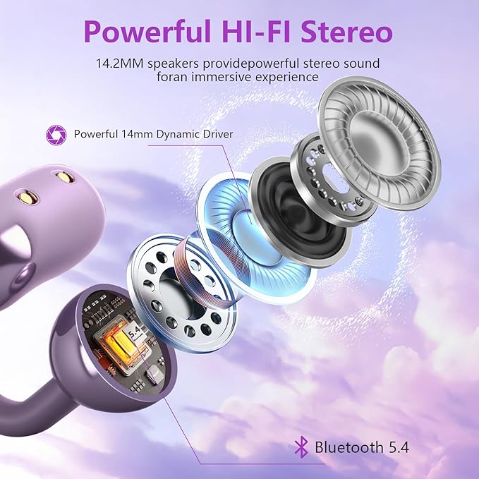 Clip on Headphones,Open Bluetooth 5.4 Earbuds with LED Digital Display Built-in Mic IPX7 Waterproof 50H Playback Sports Bone Conduction Earphones Suitable for Small Ears and Eyeglass Wearers (Purple)4