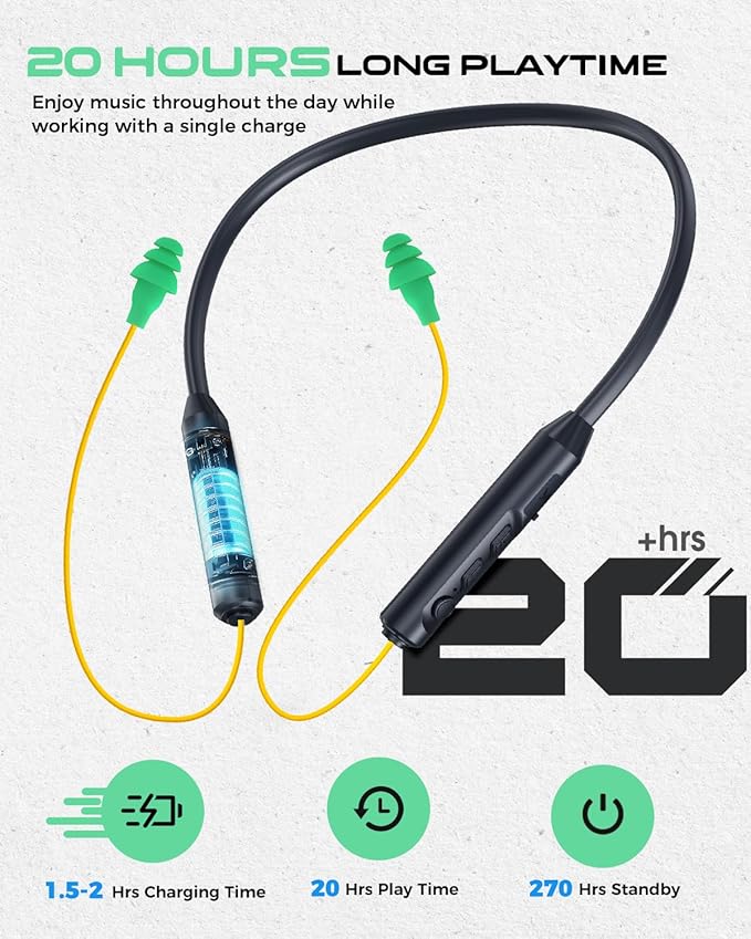 MIPEACE Bluetooth Earplug Headphones, Neckband Wireless Earbuds earplugs-29db Noise Reduction isolating in-Ear earplug Earphones and Controls,IPX5 sweatproof,19+Hour Battery(Yellow & Green)