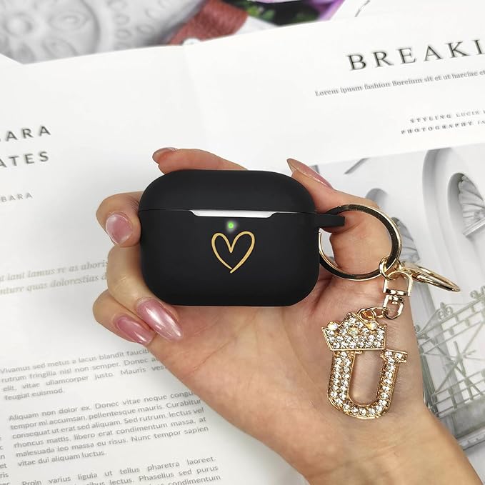 Compatible with AirPods Pro 3 Case Cover (2025), Soft Silicone Case with Gold Heart Pattern for AirPods Pro 3rd Generation Case with Rhinestone Studded Letter A-Z Keychain (U Black)