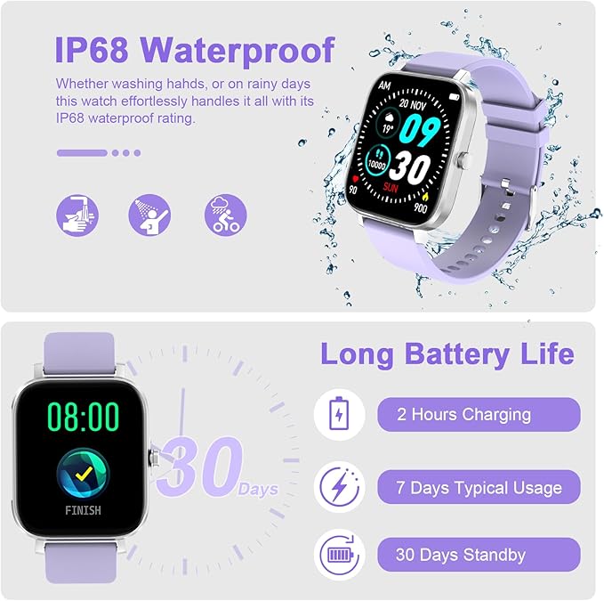 Smart Watch for Men Women Compatible with iPhone Samsung Android Phone 1.69 inch Full Touch Screen IP68 Waterproof Bluetooh Fitness Tracker Heart Rate/Sleep Monitor (Purple)