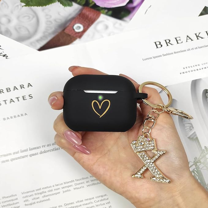 Compatible with AirPods Pro 3 Case Cover (2025), Soft Silicone Case with Gold Heart Pattern for AirPods Pro 3rd Generation Case with Rhinestone Studded Letter A-Z Keychain (X Black)