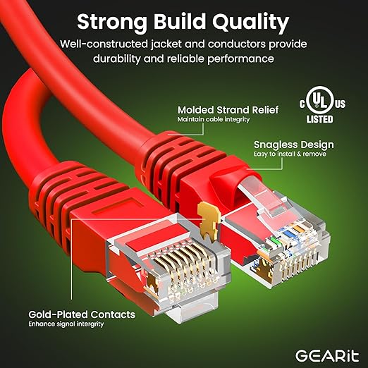 GEARit Cat 6 Ethernet Cable (20-Pack 1 Foot) Cat6 Network Patch, 10Gbps, RJ45, Snagless Cord, Gold-Plated Connectors, Internet for PC, TV, Tablet, Router, Printer, Servers, IT Data Center - Red