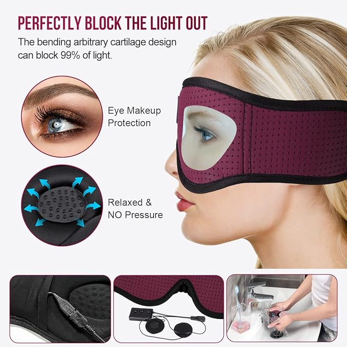MUSICOZY Sleep Headphones 3D Bluetooth Sleep Mask, Wireless Sleeping Headphones Music Earbuds Eye Mask for Side Sleepers Men Women Ultra Thin Speakers Cool Gadgets, Pack of 2