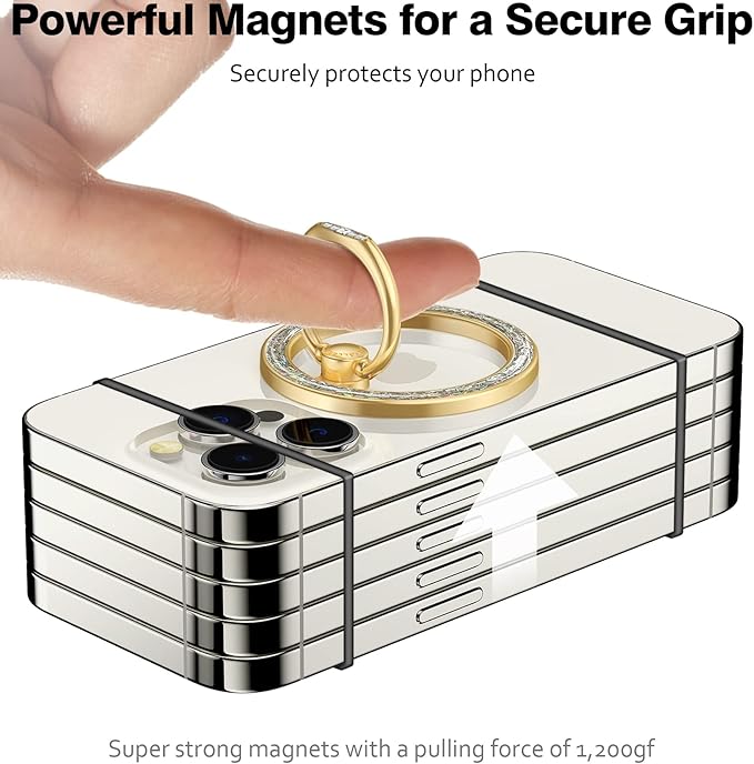 Allengel Magnetic Phone Grip for MagSafe, Magnetic Ring Holder Compatible with MagSafe Phone Ring, 360°Rotating Finger Kickstand for iPhone 16 Pro Max 15 14 13 12 Plus & Android(Gold Bling Silver)