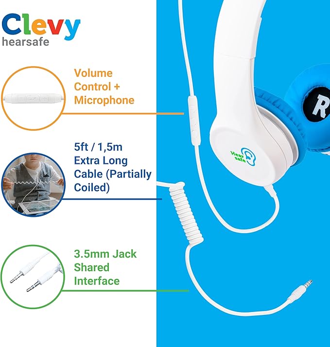 Clevy Kids Headphones Over-Ear 3.5mm Jack Wired - 5ft Tangle-Free Cord with HD Mic, 85dB Volume Limited for iPad/Computer, Foldable Durable Carrying Case