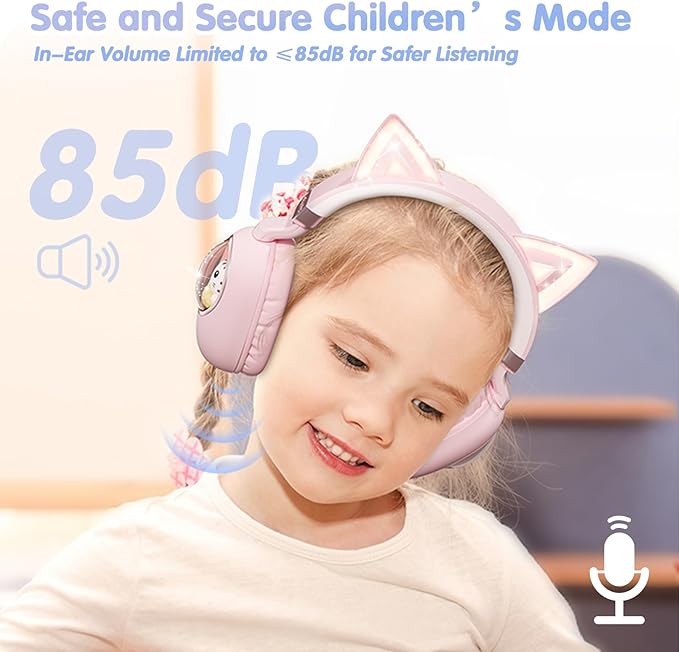 esonstyle Kids Headphones Cat Ear - Bluetooth 5.4 Over-Ear Noise Cancelling Headphones with Microphone LED Lights Up 85dB Safe Volume Limit Wireless or 3.5mm Wired USB C for Travel iPad Tablet (Pink)