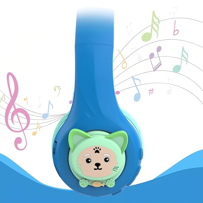 Riwbox CB-7S Kids Wireless Headphones,with Safe Volume Control 74/85/95dB,LED Glow Lights,50H Playtime,Bluetooth V5.3,Built-in Mic, TF Card Slot,for Travel/School/Phone/Laptop(Blue&Green)