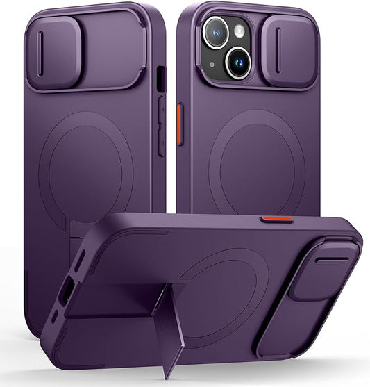 SURITCH for iPhone 13/14 Case with Magnetic Camera Slide Cover and Adjustable Kickstand, Compatible with MagSafe, Shockproof Bumper Case Slim Protective Cover for iPhone 13/14 6.1 Inch, Dark Purple