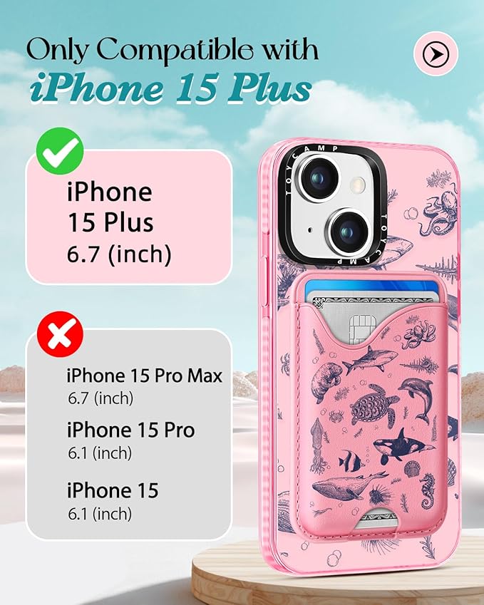 Toycamp for iPhone 15 Plus Case - Compatible with Magsafe Credit Card Holder Wallet Magnetic Cute Women Teen Girls Kawaii Girly Unique Sea Design Phone Cover for Apple 15 Plus 6.7"