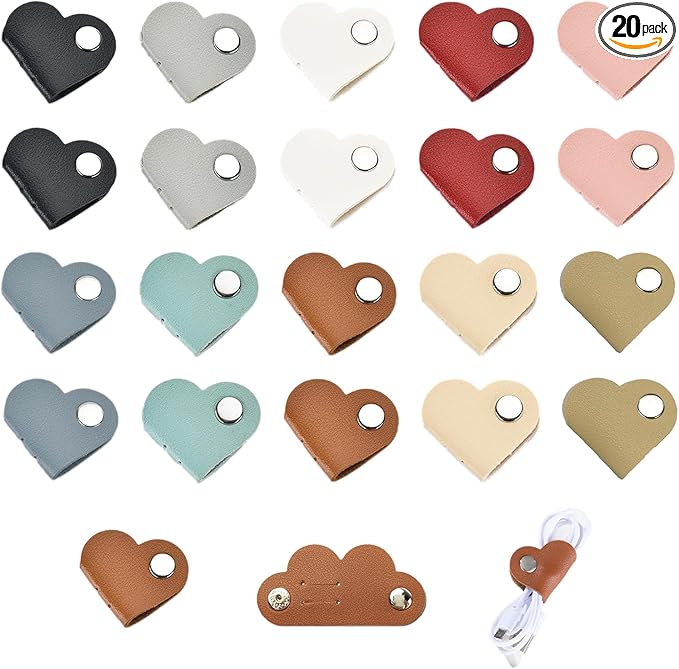 20 Pcs Heart Cord Organizer, PU Leather Cable Straps, Portable Cable Straps for Headphone, Cute Earphones Winder for Travel, School, Office (10 Colors)