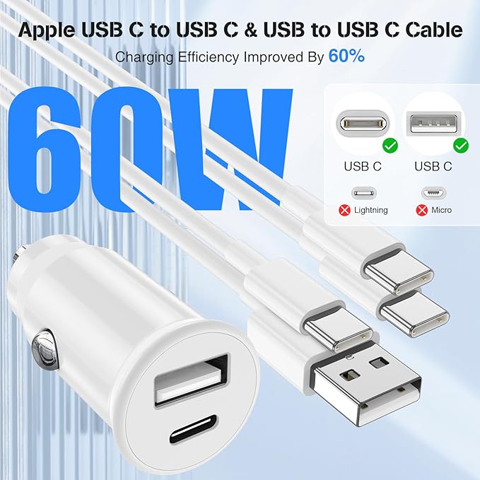 USB C Car Charger for iPhone 17 16 15 Pro Max, 40W Dual Port USB-C & USB-A Car Fast Charging Adapter, 2X3FT C to C Cable & A to C Carplay Cable for iPhone 17 16 15 Series/iPhone Air, iPad, Samsung
