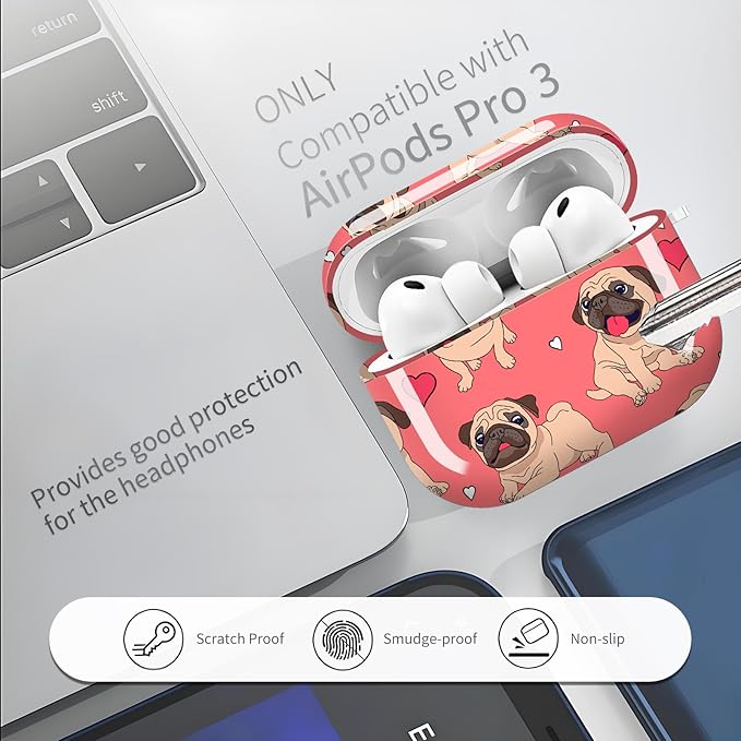 Compatible with AirPods Pro 3 Case 2025 for Women Girls – Cute Shockproof Protective Cover with Gold Round Buckle, Anti-Drop Soft Case for AirPod Pro 3rd Gen (Animated Pug Dog Red Heart)