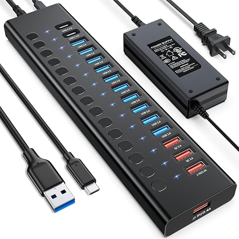 Powered USB Hub, AGEEN 16-Port USB 3.0 Hub (14 USB-A+2 USB-C), 5Gbps