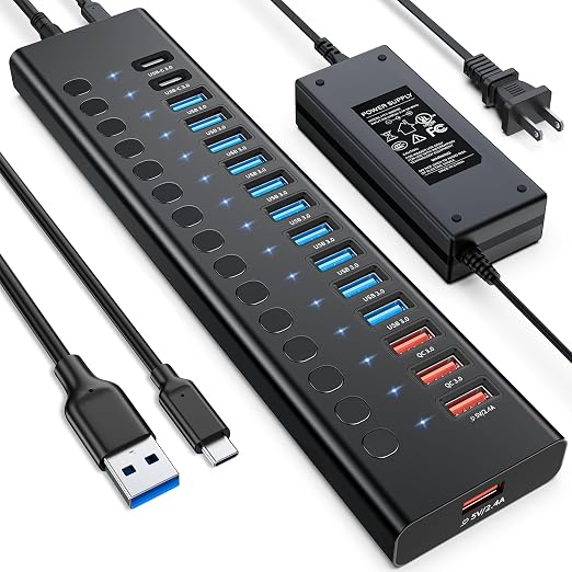 Powered USB Hub, AGEEN 16-Port USB 3.0 Hub (14 USB-A+2 USB-C), 5Gbps