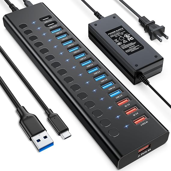 Powered USB Hub, AGEEN 16-Port USB 3.0 Hub (14 USB-A+2 USB-C), 5Gbps