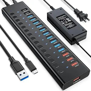 Powered USB Hub, AGEEN 16-Port USB 3.0 Hub (14 USB-A+2 USB-C), 5Gbps