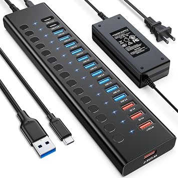 Powered USB Hub, AGEEN 16-Port USB 3.0 Hub (14 USB-A+2 USB-C), 5Gbps