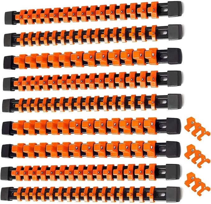 ALOANES 9PC ABS Socket Organizer, Socket Rails Fit 1/2 inch, 3/8 inch and 1/4 inch Drive, Heavy Duty Socket Holders Hold up to 129 Sockets, Black Rails with Orange Clips