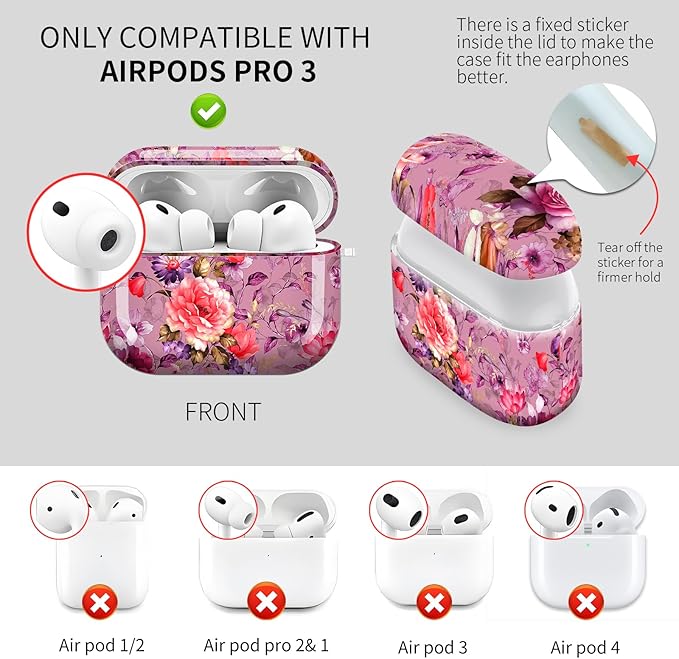 Cute Hard Case Compatible with AirPods Pro 3rd Generation Case (2025), Shockproof Protective Cover with Golden Keychain Ring Clip (Pink Flower)