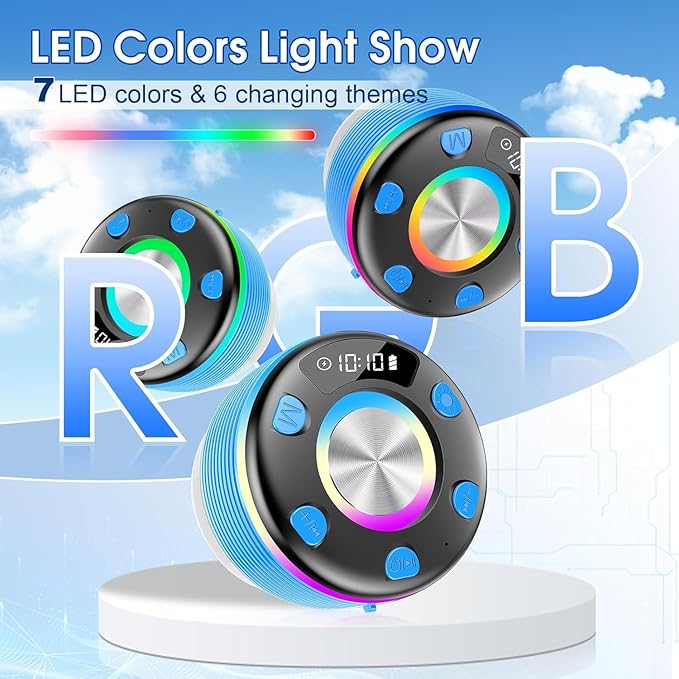 OYIB Bluetooth Shower Speaker, Portable Bluetooth Speaker 360° HD Sound, RGB Lights, IPX7 Waterproof Wireless Speaker with Suction Cup and Mic, Shower Radio for Party/Outdoor/Travel/Gifts/Blue