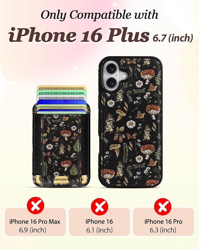 Shorogyt for iPhone 16 Plus Wallet Case - Fits 5 Cards, Compatible with Magsafe Detachable Magnetic Credit Card Holder Leather Cardholder Cute Phone Cover Women Girls for Apple 16Plus, Mushroom