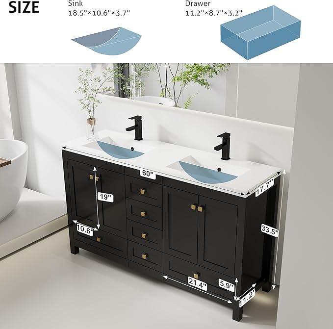 eclife 60" Bathroom Vanities with Sink Combo, Modern Thickened Wood Bathroom Storage Cabinet w/Undermount Double Sink, Matte Black Faucet Drain, Painted Surface, Black