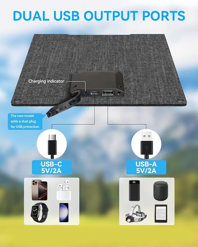 Ecosonique 15W and 100W Portable Solar Panel Foldable Solar Charger with USB-A USB-C Port DC for Camping, Backpacking, and Emergency Power