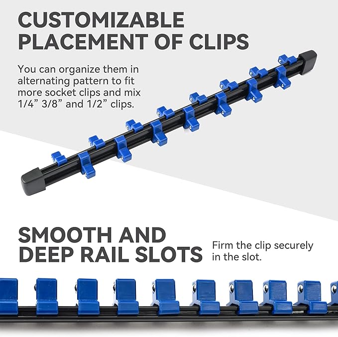 ALOANES 9PC ABS Socket Organizer, Socket Rails Fit 1/2 inch, 3/8 inch and 1/4 inch Drive, Heavy Duty Socket Holders Hold up to 129 Sockets, Black Rails with Red Blue Black Clips