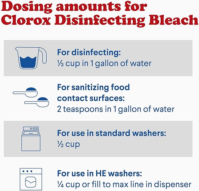 Clorox Bleach Cleaner, 2 Pack Original Concentrated Bleach, Easy Pour Bottle with Handle, Moldand Mildew Remover, Removes Stains and Whitens, 43 oz Each