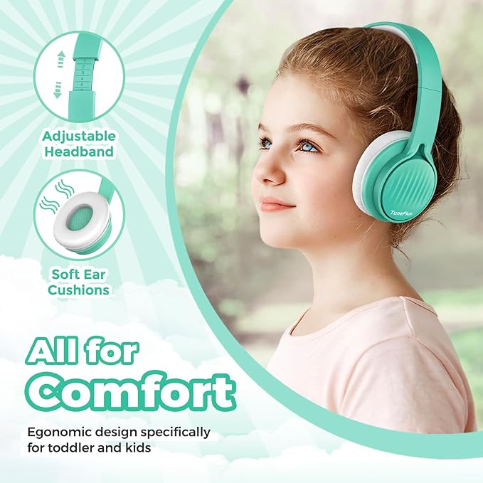 TuneFlux Upgraded Kids Headphones, Wired Toddler Headsets, 85dB Limited Volume On Ear Headphones, Portable Foldable Design, Stereo Sound Kids Headsets for School/Tablet/Travel-Green