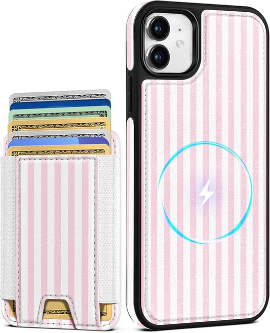 Shorogyt for iPhone 11 Wallet Case - Fits 5 Cards, Compatible with Magsafe Detachable Magnetic Credit Card Holder Leather Cardholder Cute Phone Cover Women Girls for Apple 11, Striped