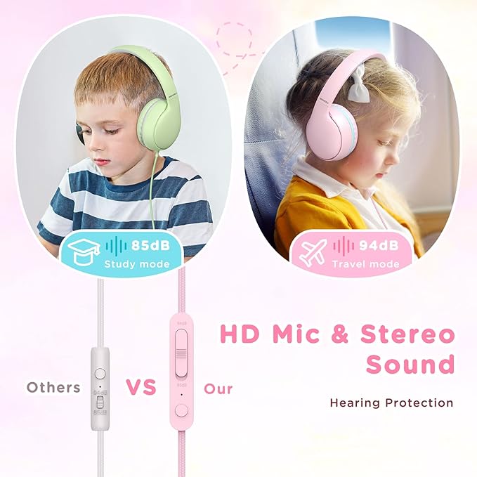 weneed Kids Headphones Wired with Microphone, Over Ear 85/94dB Volume Limited Headphones with Share Port, Stereo Sound Foldable Headset for Teens/Boys/Girls - Pink