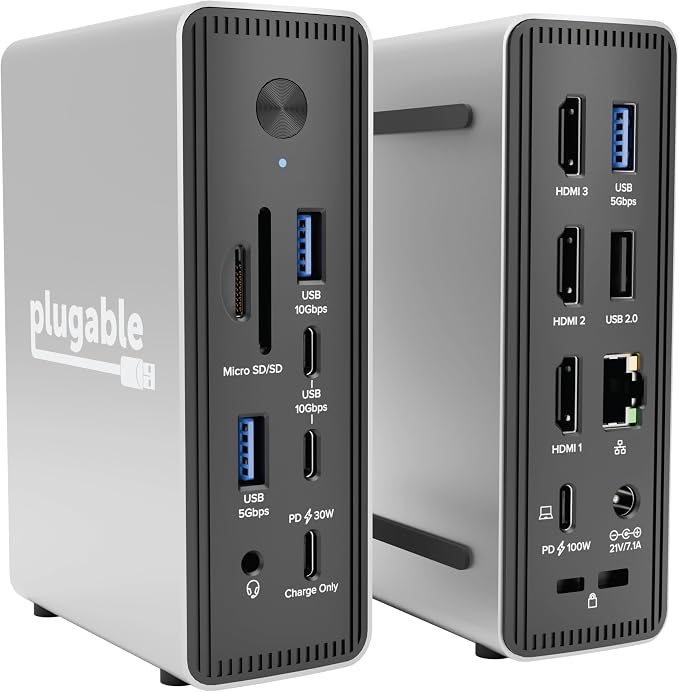 Plugable USB-C Triple Display Laptop Docking Station 3 Monitors, 15-in-1: 3X HDMI, Dual 4K or Triple (1x 4K60 + 2X 1080p) 2.5GbE, 100W PD, 30W USB-C Charge Port, Driverless for Windows, UD-MSTH3 - Image 8