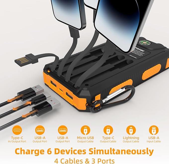 YELOMIN Solar Charger, 20000mAh Portable Type-C Solar Power Bank with 4 Cables, Waterproof Battery Pack, Outdoor External Backup Power Charger Six Outputs/LED Flashlights, Perfect for Camping Travel