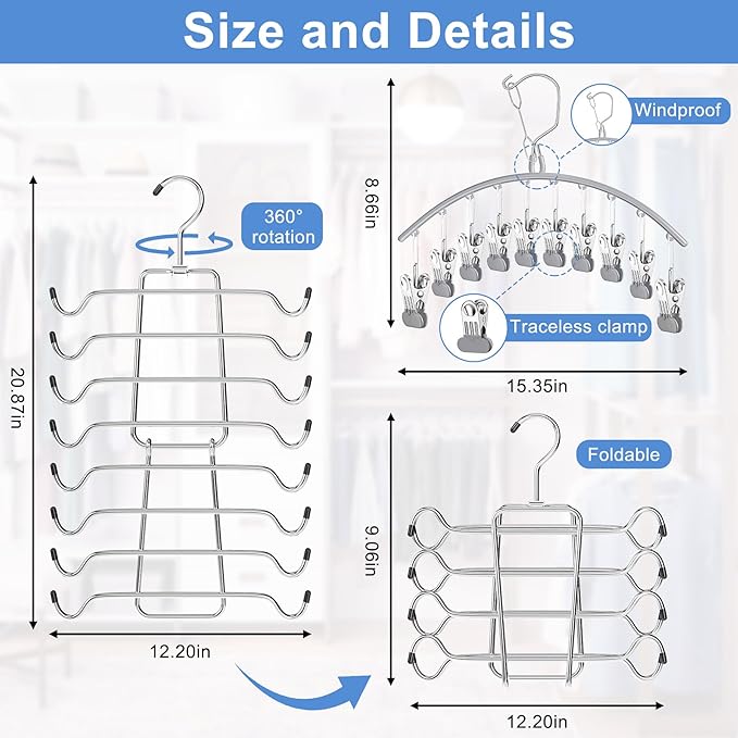 4 Pack Legging Organizer for Closet Hanging, 3 Pants Leggings Hangers with 30 Clips, 1 Tank Top Hanger Space Saving Hangers Closet Organizers and Storage for Pants Skirts Bra, Grey