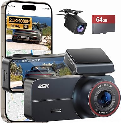 Dash Cam 2.5K Front Rear 64GB WiFi GPS 160° Night Vision