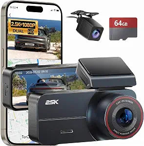 Dash Cam 2.5K Front Rear 64GB WiFi GPS 160° Night Vision