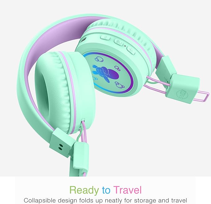 MEE audio KidJamz KJ55BT Personalized Bluetooth Wireless Safe Listening Headphones for Kids w/Custom LED-Backlit Design, Volume Limiter, Microphone; Kids Headset for School/iPhone/iPad/Tablet (Mint)