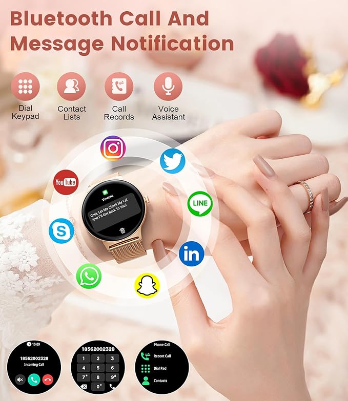 Smart Watches for Women, 1.43" AMOLED Screen Bluetooth Call Smartwatch, 120+ Sports Modes Fitness Tracker, Blood Oxygen Heart Rate Sleep Monitor for Android iOS Gold