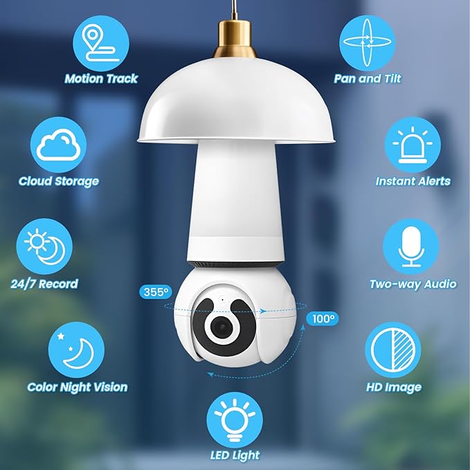 Security Camera, 2K/3MP Outdoor Camera 2.4G Hz E27 Camera for Home Security, 24/7 Recording, Motion Detection and Alarm (A)
