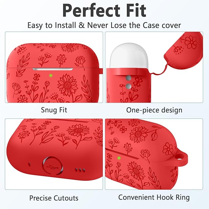 Hamile for AirPods Pro 2nd Generation Case with Cleaner Kit & Keychain, Flower Engraved Soft Silicone Protective AirPods Pro Case Cover for Apple AirPods Pro Case 2nd/1st Gen,Front LED Visible, Red