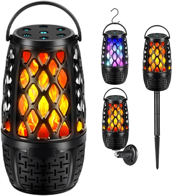 Upgraded Bluetooth Speaker, BT 5.3 Outdoor Speaker With RGB Flame LED lights Gift for Men, Multi-Sync up to 100 Speakers, Auto-Pairing HD Stereo Sound Gadgets, Waterproof IPX6 for Outside Patio Porch