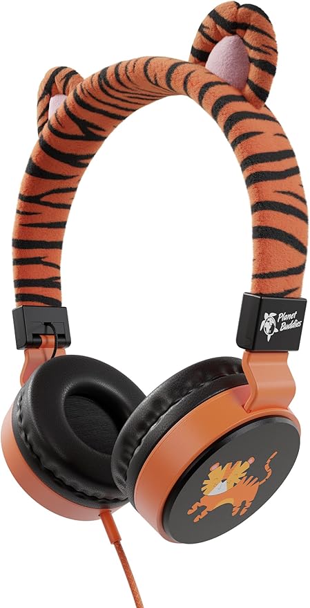 Kids Headphones for School with Tiger Cat Ears, Safe Volume Limited, HD Mic Stereo Sound On-Ear Girls Boys Headphones for Kid, Foldable 3.5mm Wired Kids Earphones for iPad, Tablet or Computer - Furry