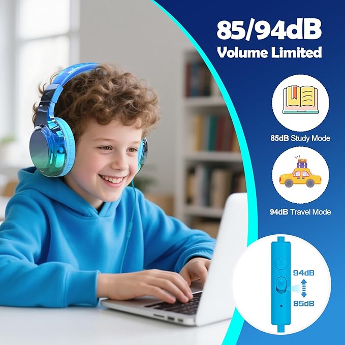 QearFun Kids Headphones Wired with Mic, 85/94dB Safe Volume Limit, Foldable Over Ear, Tangle-Free Cord & Sharing Port, Wired On-Ear Headset for School, Chromebook, Tablet, Travel - Boys & Girls