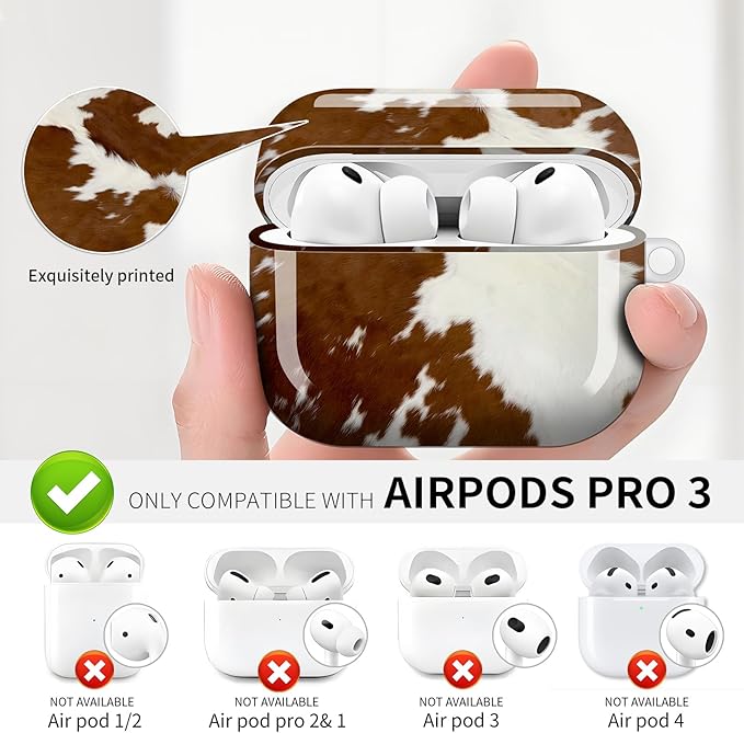 Compatible with AirPod Pro 3 (2025),Cute Case Cover for Women & Men, Full Protection Shockproof Hard Case with Keychain, Wireless Charging Case Accessories(Fur Cow Leather)