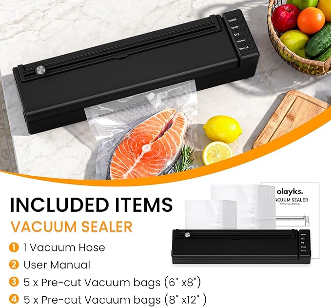 olayks Vacuum Sealer Machine for Food, 60KPA Automatic Food Saver with Dry& Moist Modes, Compact Air Sealing Machine includes 10 Sealer Bags for Kitchen Storage, Meat, Meal Prep, Sous Vide