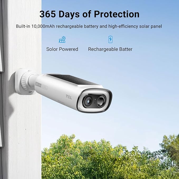 TCL 2K Solar Security Camera Wireless Outdoor, Built-in LED Light with Removable Battery Camera, Local Storage, No Subscription Cameras Compatible with Alexa, Ideal for Home Security