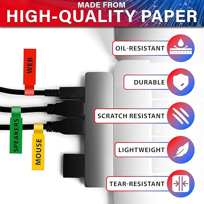 240 PCS Cable Labels Tags for Cable Management – 8 Bright Colors, Self-Adhesive, Tear-Resistant & Waterproof Cord Labels for Electronics | Tags for Wires - Writable or Printable with Laser Printer
