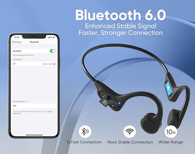 Bone Conduction Headphones, Open Ear, Bluetooth 6.0, IPX6 Sweatproof, Lightweight Comfortable Stable Fit Sports Wireless Earphones for Safe Running, Cycling, Gym Workouts, Hiking, 8H Playtime