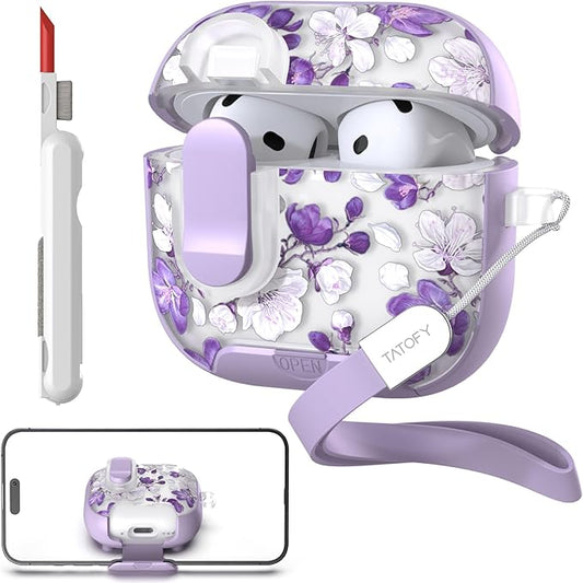 TATOFY for AirPods 4th Generation Case with Phone Stand Lanyard Lock Cleaning Kit, Compatible with Magsafe, Flowers Hard AirPod 4 Cover for Women (Purple, AirPods 4th)